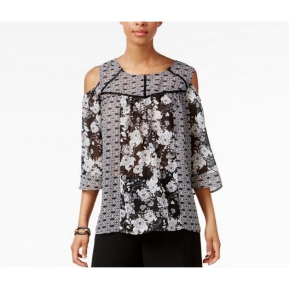 NY Collection Women's Top M Cold Shoulder Sheer Blouse Black White Floral M